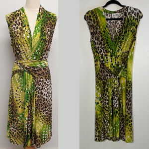 Joseph Ribkoff Green Brown Leopard Print Dress Women’s Size 12 V-Neck Tie Wrap